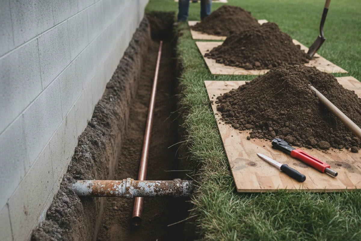 Excavated water line trench during Water Heater Repair in Point Clear